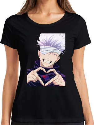 Zdjęcie produktu dla Koszulka damska z motywem z anime „Jujutsu Kaisen” – opaska na oczy Satoru Gojo, styl anime, serce, prezent, kolor czarny, rozmiar XL