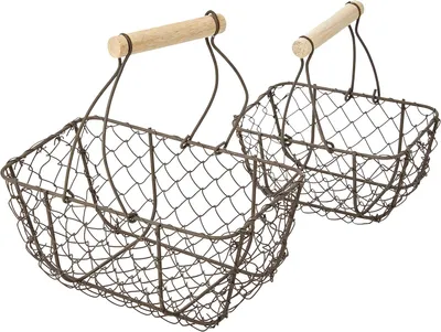 Produktbild von Deko-Metall-Korb mit Holzgriff, Vintage, 15x10x16,5cm + 20x12x22cm, Set 2Stück