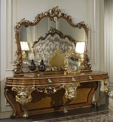 Produktbild von Casa Padrino Luxus Barock Konsole mit Spiegel Braun / Gold / Silber - Prunkvoller handgefertigter Schminktisch mit Wandspiegel - Hotel Möbel - Schloss Möbel - Luxus Qualität -  Italy