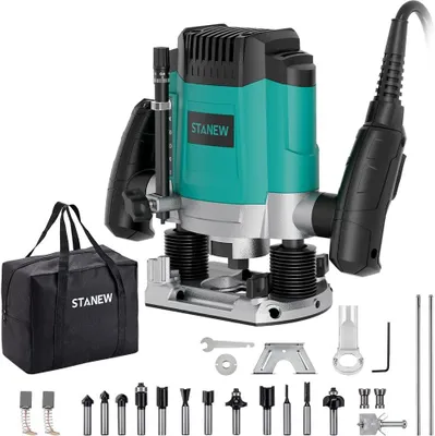 Image de Défonceuse Verticale Electrique 1200 W 16000-30000 RPM STANEW, Profession Fresatrice Verticale avec Set de 12 fraises,6 Vitesses