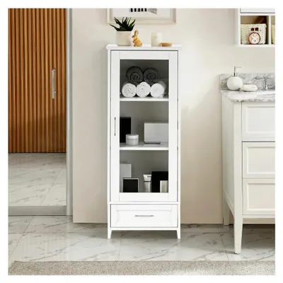 Produktbild von Schmaler Badschrank mit 1 Tür, verstellbaren Regalen, Beistellschrank für Badezimmer, Küche, Wohnzimmer, Aufbewahrungsschrank, Weiß 43x34x110cm