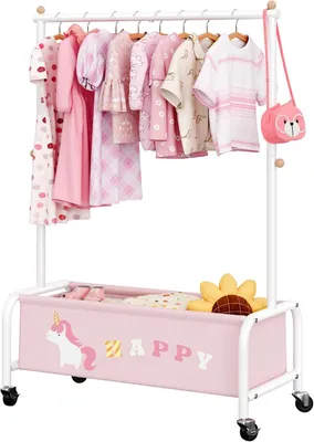 Image de Porte-vêtements pour enfants avec étagère, en métal, de couleur rose, idéal pour les chambres d'enfants