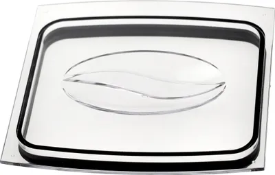 A clear, well-lit studio shot of a transparent lid with a black gasket.