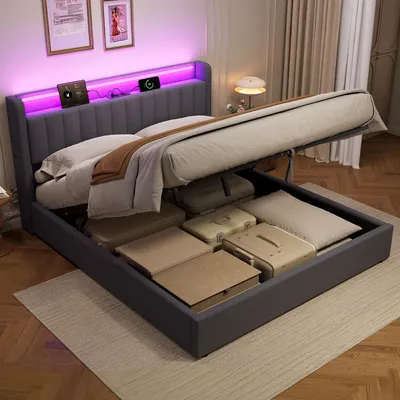 Obrázek produktu pro MODFU Čalouněná postel 180 × 200 Dětská postel s LED světlem a zásuvkami, Boxspring postel s úložným prostorem, šedá (bez matrace)
