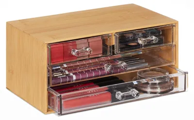 Image de Meuble de rangement pour maquillage en bambou, 4 tiroirs, H x L x P : 11 x 23,5 x 15 cm, espace de rangement pour le maquillage et les bijoux, naturel/transparent