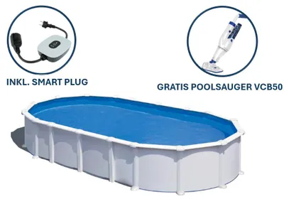 Produktbild von GRE Ovaler Stahlwandpool in Weiß KITPROV7388 – 730 x 375 x 132 cm, Komplettset + GRATIS Elektrischer Poolreiniger VCB50