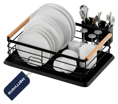 Produktbild von Geschirrabtropfgestell – Platzsparendes Abtropfsystem aus Edelstahl in Schwarz