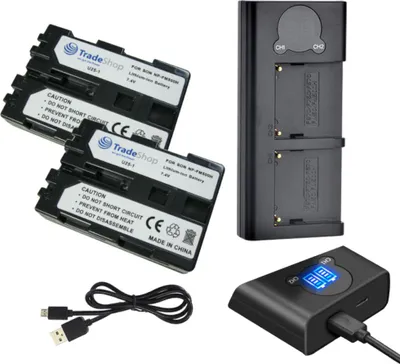Produktbild von Trade-Shop 3in1 Set: 2x Akku 2000mAh + USB-C Doppel Dual LCD Ladegerät für Sony A550Y A550 A560 A580 A580L A580Y A700 A700H A700K A700P A700Z A850