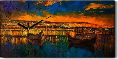 Produktbild von Wanduhr Uhr Wandbild Leinwand Geräuschlos 60x30 Boote Wasser Nacht Brücke Himmel - schwarze Hände