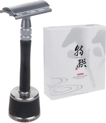 Image de Rasoir Feather WS-D2S Rasoir à lames Pièces métalliques en acier inoxydable Éléments en bois Support