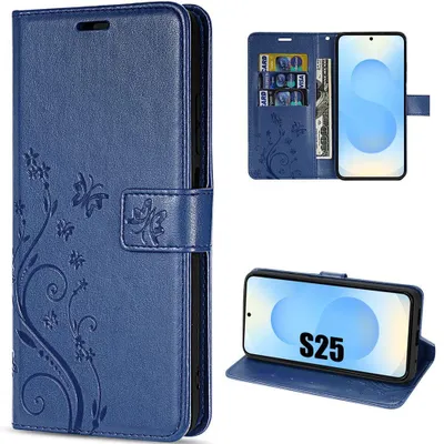 Image de Coque pour Samsung Galaxy S25, Protection Rabat Cuir Synthétique Anti-Rayures Bleu Marine Motif Floral Papillon