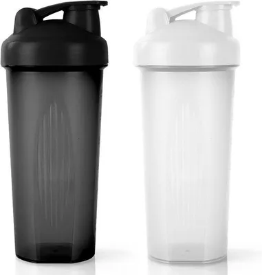 Image de Shaker à protéines avec mélangeur en acier inoxydable, 600 ml, lot de 2 shakers pour protéines et compléments alimentaires, couvercle rabattable anti-fuites, sans BPA, noir + blanc
