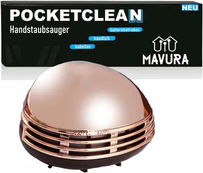 A product shot of a rose gold and black handheld vacuum cleaner against a white background, with the product's packaging visible above it.