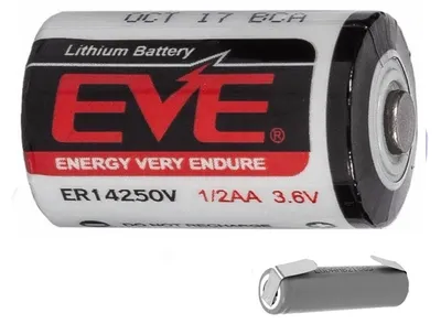 A close-up studio shot of a single EVE ER14250V 1/2 AA Lithium battery, with a smaller battery shown below.