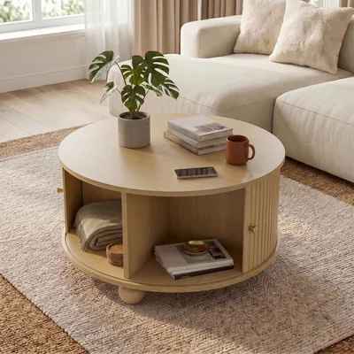Produktbild von Merax Couchtisch rund mit Schiebetüren und 4 Fächer, Wohnzimmertisch aus MDF, Beistelltisch mit Stauraum und Metallfüße, Retro Design, Natur