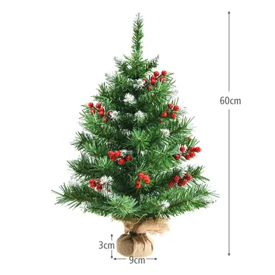 Obrázok produktu pre COSTWAY 60 cm malý vianočný stromček, mini vianočný stromček s vetvičkami 76/108, červenými bobuľami a podstavcom, umelý stolový vianočný stromček pre domácu kanceláriu