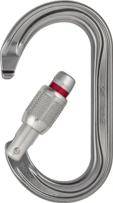 Der OK Ovalkarabiner von Petzl; aus Aluminium; mit Schraubverschluss und silberner Oberfläche.