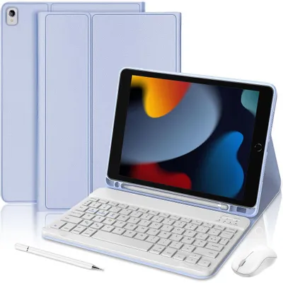 Image de Coque Clavier pour iPad 10,2 Pouces (7/8/9ème Génération) CuirPolyuréthaneLavande avec Clavier + Souris + Stylet
