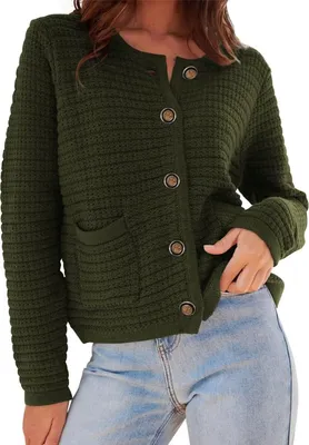 Produktbild von ASKSA Damen Strickjacke Rundhals Cardigan Knopfleiste Pullover Langarm Herbst Winter Grob Gestrickt Outerwear, Armeegruen, XL