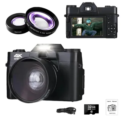 Produktbild von Digitalkamera 4K 48MP, Fotokamera mit 180° Flip 3.0" Bildschirm, 16X Digitalzoom Kompaktkamera, 64GB TF-Karte, WiFi-Funktionalität,  Schwarz