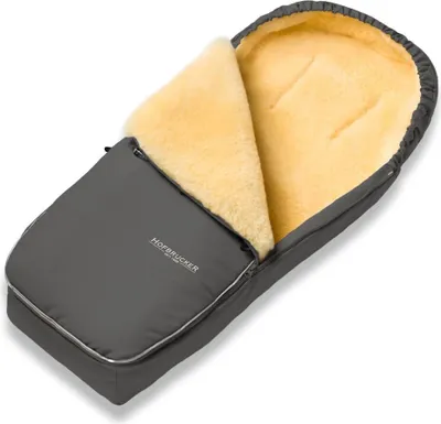 A gray baby footmuff with a yellow fluffy lining, shown open.