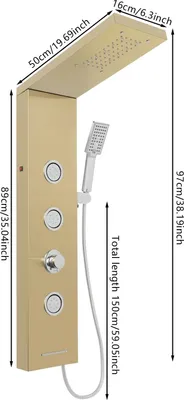 Obrázok produktu pre Sprchová kolóna – sprchový systém s LED dažďovou sprchou – nerezová oceľ – leštená – obdĺžniková hlavica – montáž na stenu/pod omietku – G1/2 – zlatá