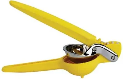 A yellow manual citrus juicer against a white background.