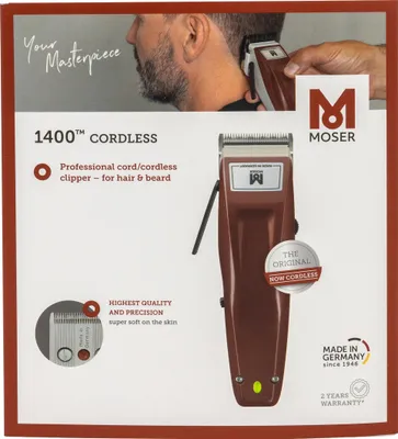 Product packaging for a Moser 1400 Cordless hair and beard clipper, featuring an image of the product and a person using it.