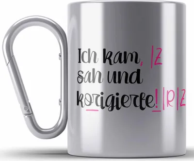 Produktbild von Trendation - Lehrerin Geschenk Edelstahl Tasse Karabiner Spruch Grundschule Geschke Lustig für Lehrerinnen Abschied Geschenkidee Englisch Deutsch (Silber)