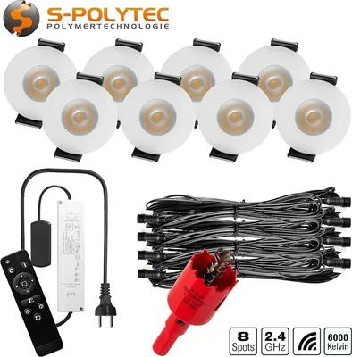 Produktbild von S-Polylight PREMIUM Mini LED- Einbauspots Kaltweiß 6.000K, DIMMBAR, IP65, FUNK 3W LED Einbaustrahler Terrassenüberdachung, Terrassenbeleuchtung, Bad, Sauna, LED Spots mit Fernbedienung (WEISS, 8x LED-SET)