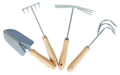 Produktbild von BURI Gartengeräte-Set 4tlg. Blumenkelle Grubber Rechen Doppelhacke Gartenwerkzeug