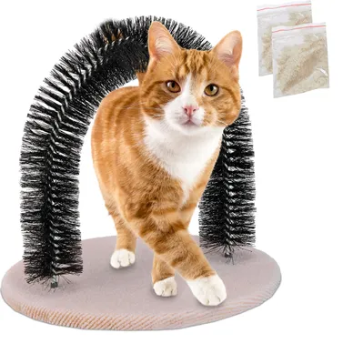 Produktbild von Relaxdays Enthaarungsbogen Katze, rund, mit Katzenminze, HBT: 34x36x28,5 cm, Fellpflegebogen mit Borsten, beige/schwarz