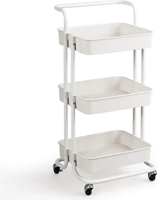 Produktbild von GOPLUS 3-stöckiger Servierwagen mit Rollen, Küchenwagen aus Metall, Rollwagen für Badezimmer, Küche, Kinderzimmer, Allzweckwagen mit 3 Etagen, Aufbewahrungswagen mit 2 Bremsen (Weiß)