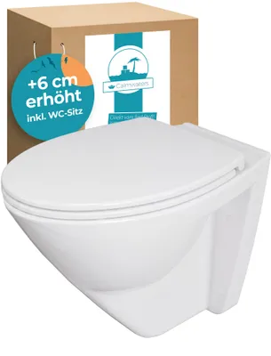 Produktbild von Calmwaters® Erhöhtes Wand WC spülrandlos Modern Plus mit Toilettendeckel, +6 cm Erhöhung, erhöhte Toilette inkl. abnehmbarem WC Sitz mit Absenkautomatik und Fast-Fix, Komfort Tiefspüler, Weiß