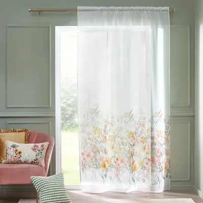 Voile Gardinenpaneel 140 x 137 cm, Schlitz-Oben, Blumenmuster, Weiß