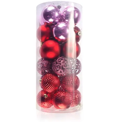 Weihnachtskugeln 24er Set, Kunststoff, 6 cm, Rosa/Rot