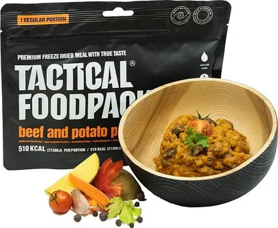 Produktbild von Tactical Foodpack Beef and Potato Pot, 100 g, 100 g, Potatoes (29%), beef (17%), carrots, cream, onions, tomatoes, red pepper, chopped tomatoes,..., 515 kcal, 2142 kJ, 20,7 g
