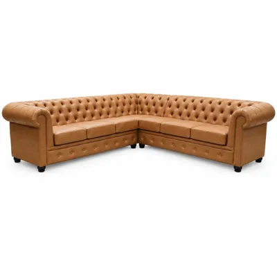 Produktbild von MOEBELHAUS Ecksofa CHESTERFIELD mit BETTFUNKTION Kunstleder Cognac Rautensteppung L-Form Gästebett Wohnzimmer Sofa