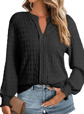Produktbild von Damen Elegante Bluse V-Ausschnitt Langarm Casual Bequem Schwarz XXL