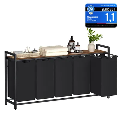 Produktbild von VASAGLE Wäschekorb 5 Fächer, mit Ablage, Metallrahmen, 5 x 40 L – Tintenschwarz + Vintagebraun, Größe 200 L (5 Fächer)