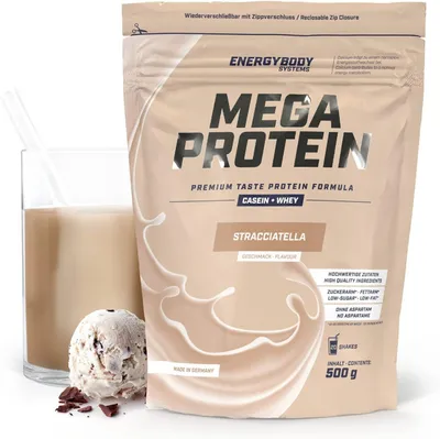Produktbild von Energybody Mega Protein "Stracciatella", Proteinpulver mit Whey und Casein, Eiweißpulver, 500 g Beutel