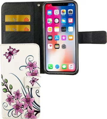 Produktbild von Apple iPhone XS Tasche Handy Hülle Schutz-Cover Flip-Case mit Kartenfach  Lotusblume