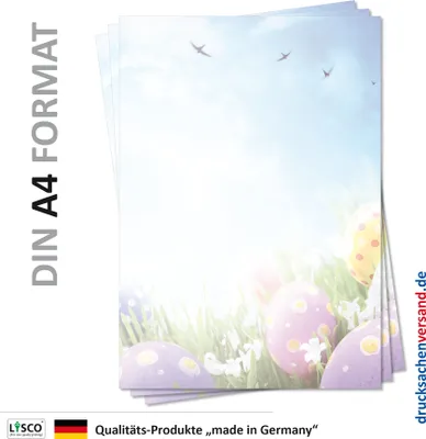 Produktbild von Motiv Briefpapier (Ostern-5090, DIN A4, 100 Blatt) Briefpapier Osterwiese mit Ostereier, blauer Himmel mit Vögeln über grüner Wiese mit lila gelben Ostereiern und Narzissen