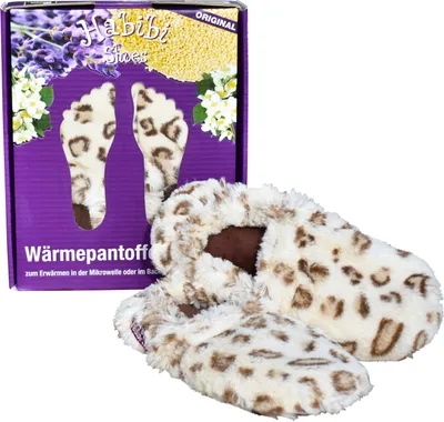 Produktbild von Habibi Wärmeschuhe Slippers Hausschuhe Wärmepantoffeln creme mit braunem Muster Größe M (EU 37-40) für Mikrowelle und Backofen
