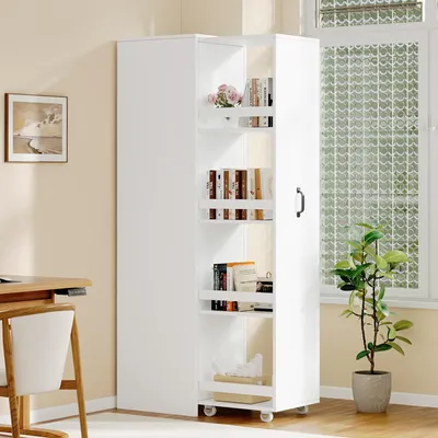 Produktbild von Merax Schmales Bücherregal mit Rollen und Aufbewahrungsboxen, Standregal mobiles Hochregal für Wohnzimmer, Büro, Küche und Badezimmer, Weiß
