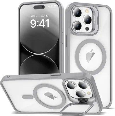 Produktbild von Magnetisch Hülle für iPhone 15, Kompatibel mit MagSafe, Transparent Rückseite TPU Bumper Handyhülle mit Kameraständer Grau