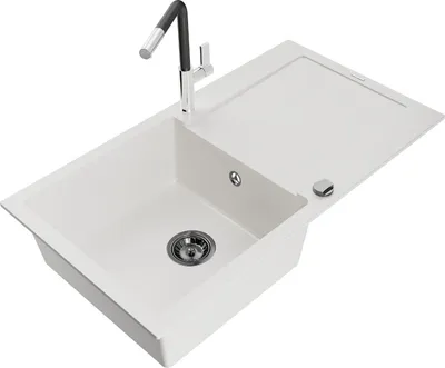 Produktbild von Mexen Leo 1 Becken-Granitspüle mit Abtropffläche und Mischbatterie Flora, Weiß - 6501-20-670401-07-B