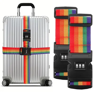 Produktbild von Kofferriemen, Gepäckbänder – Verstellbar – Mit Zahlenschloss – 5 x 200 cm – Regenbogenfarben – Für Koffer und Gepäck