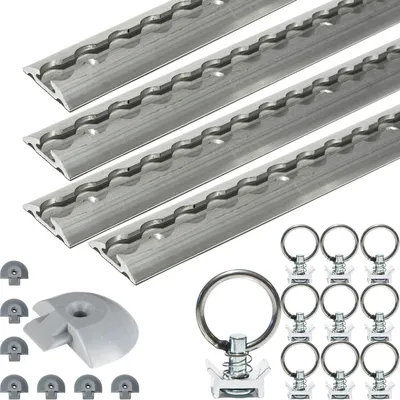 Produktbild von Safetytex Zurrschiene Set 8m (8x 1m Schienen), halbrund, 11.5mm hoch, 50mm breit, Aluminium grau. Mit Einzelfittingen (20mm Loch), Endkappen & M6 Senkkopfschrauben. Für Ladungssicherung bis 400 daN Traglast, 1000 kg Bruchlast.