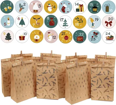 Produktbild von Adventskalender zum Selbstbefüllen – 24 braune Papiertüten zum Befüllen sowie Zahlenaufkleber